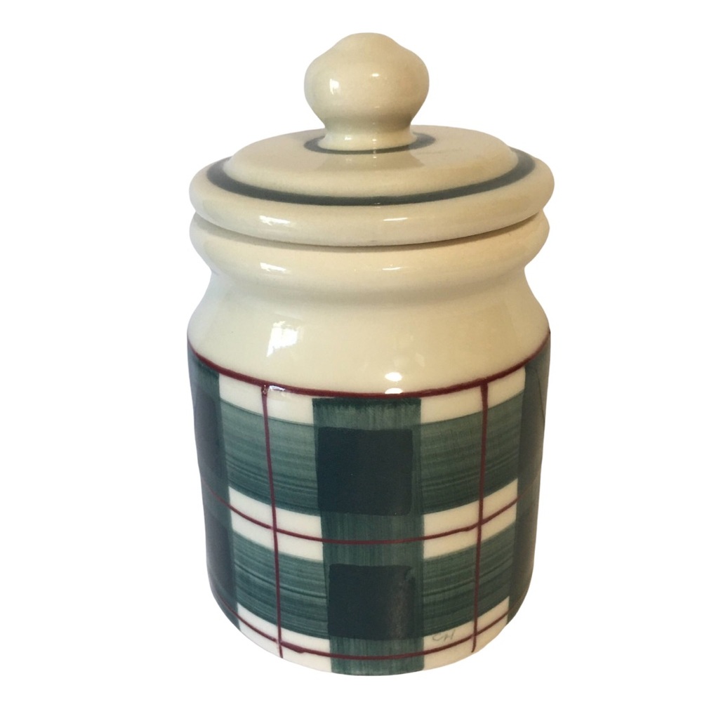 VTG Buffalo Hartstone USA 1983 Canister Green, Cream & Wine Plaid Farmhouse EUC